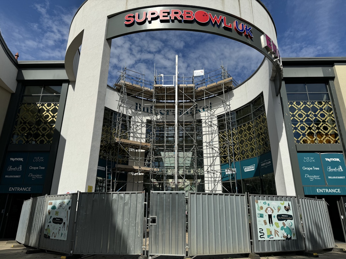 The Buttermarket Centre in Ipswich with scaffolding up
